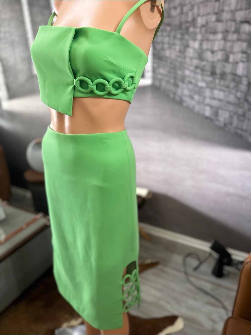 Women's Alexis 2 Pc Lime Green Skirt and Crop Top Set - Picture 2 of 11